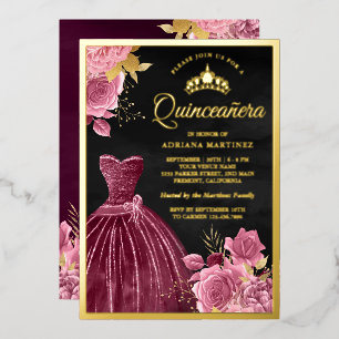 Invitation En Aluminium Dusty rose floral gomme noire Quinceanera or