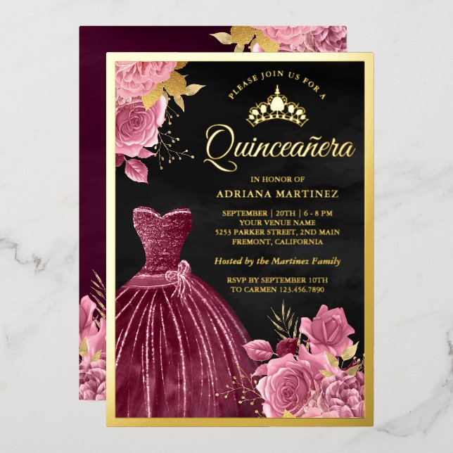 Invitation En Aluminium Dusty rose floral gomme noire Quinceanera or (Recto/Verso)