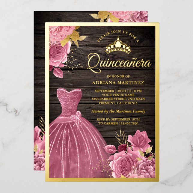 Invitation En Aluminium Dusty rose Floral Gown Grange Bois Quinceanera Or (Recto/Verso)