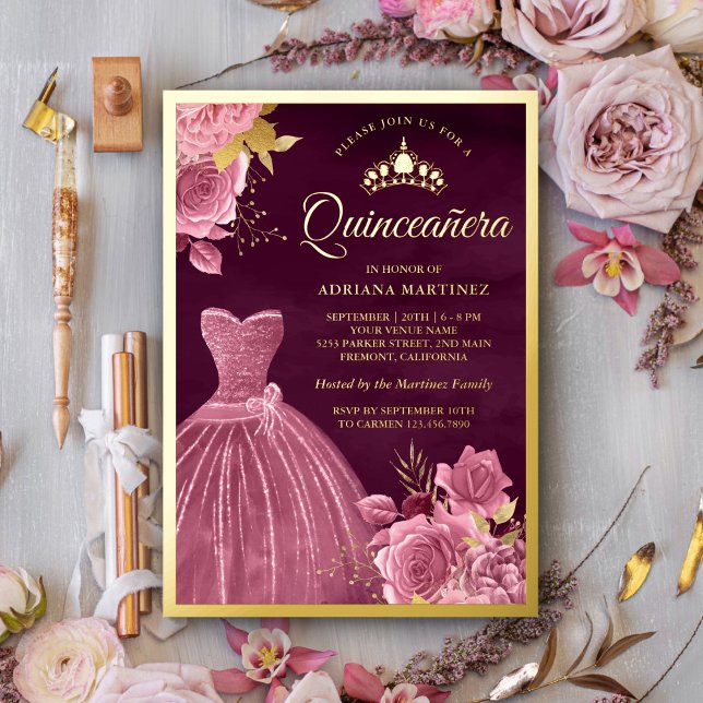 Invitation En Aluminium Dusty rose Floral Gown Plum Quinceanera Or (Créateur téléchargé)