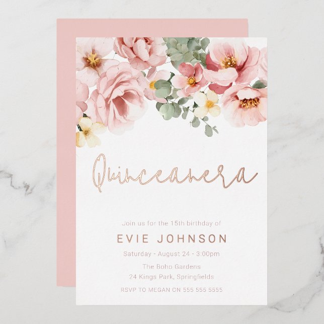 Invitation En Aluminium Dusty Rose Floral Quinceanera Party Rose Gold (Recto/Verso)
