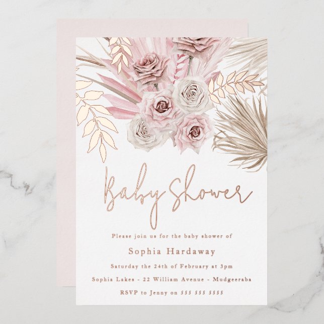 Invitation En Aluminium Dusty rose ivoire Boho Baby shower Rose or (Recto/Verso)
