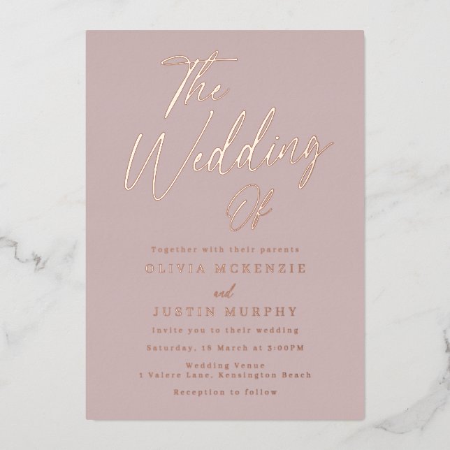 Invitation En Aluminium Dusty rose & Rose or Mariage moderne (Recto)
