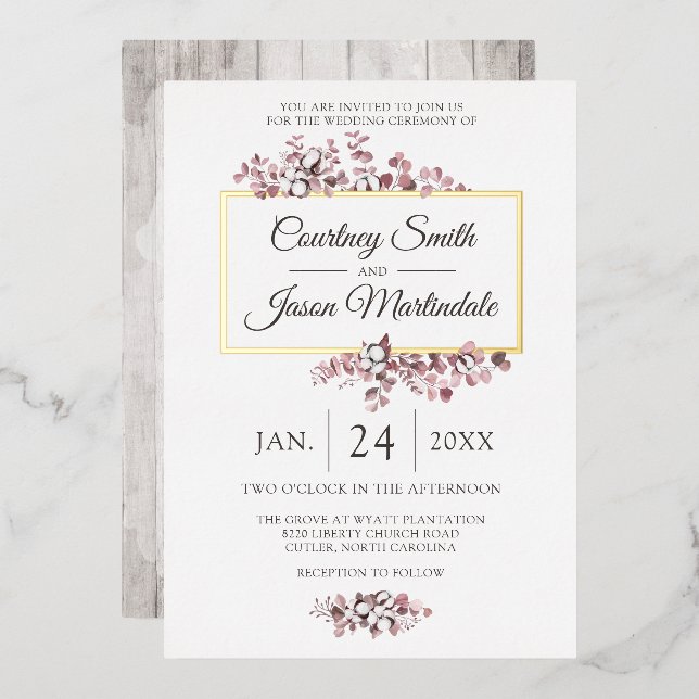 Invitation En Aluminium Dusty Rose Southern Cotton Boll Mariage botanique (Recto/Verso)