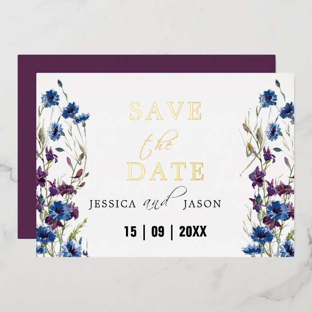 Invitation En Aluminium Dusty Royal Blue Purple Bloom Floral Enregistrer L (Recto/Verso)