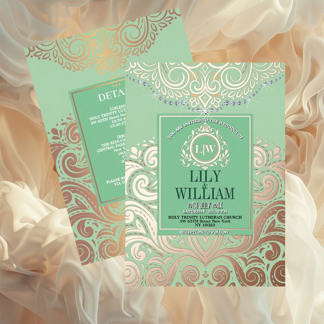 Invitation En Aluminium Dusty Sage Green RoseGold Classic Monogramme Maria (Luxurious Elegant Classic Boho Wedding Invitation - Real Foil and Monogram)