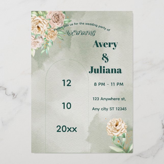 Invitation En Aluminium Earthy Shades Flowers Boho Elegant Sage Green  (Recto)