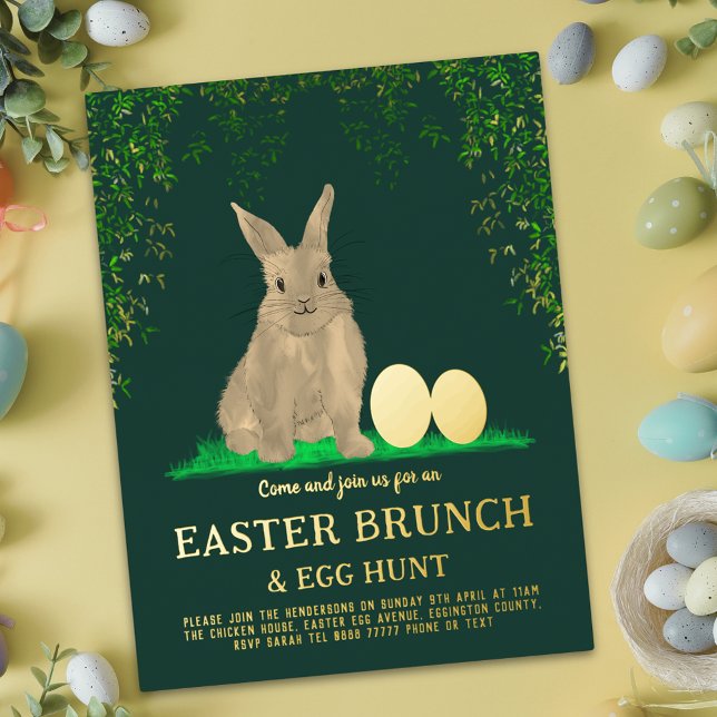 Invitation En Aluminium Easter Egg Hunt Spring Brunch Cute Bunny Eggs Gold (Easter egg hunt spring brunch cute bunny watercolor golden eggs green and gold foil party invitation)