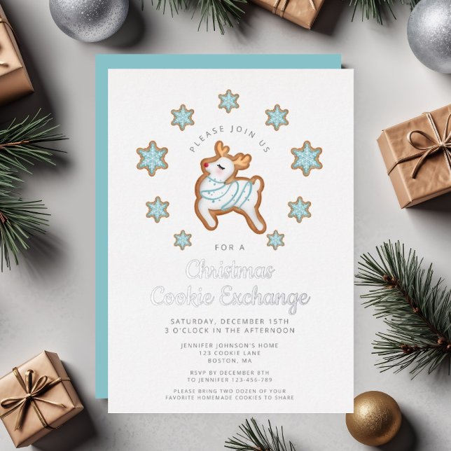 Invitation En Aluminium Échange de biscuits de Noël de rennes mignons (Cute Reindeer Christmas Cookie Exchange Foil Invitation)