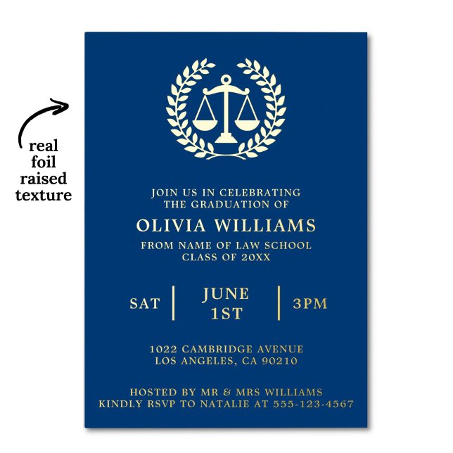Invitation En Aluminium École De Droit Échelles De Justice Marine Gold Gra (Law school graduation party invitation with real gold foil raised texture)