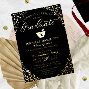 Invitation En Aluminium École de pharmacie Grad Party Black Gold