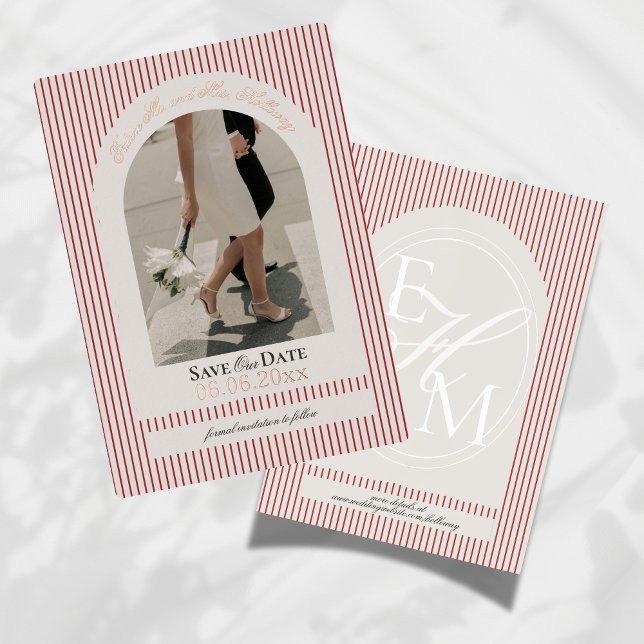 Invitation En Aluminium Économies anciennes Scripture Rayure rouge Photo E (Invite guests to mark their calendars for your wedding with this Old Money Foil Save the Date!)