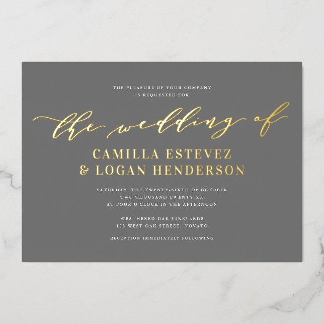 Invitation En Aluminium Écriture calligraphique moderne de mariage gris +  (Recto)