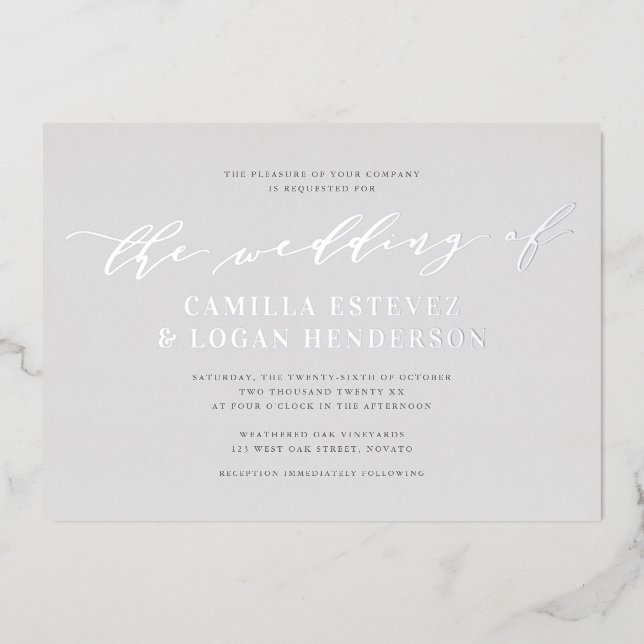 Invitation En Aluminium Écriture calligraphique moderne mariage gris pâle  (Recto)