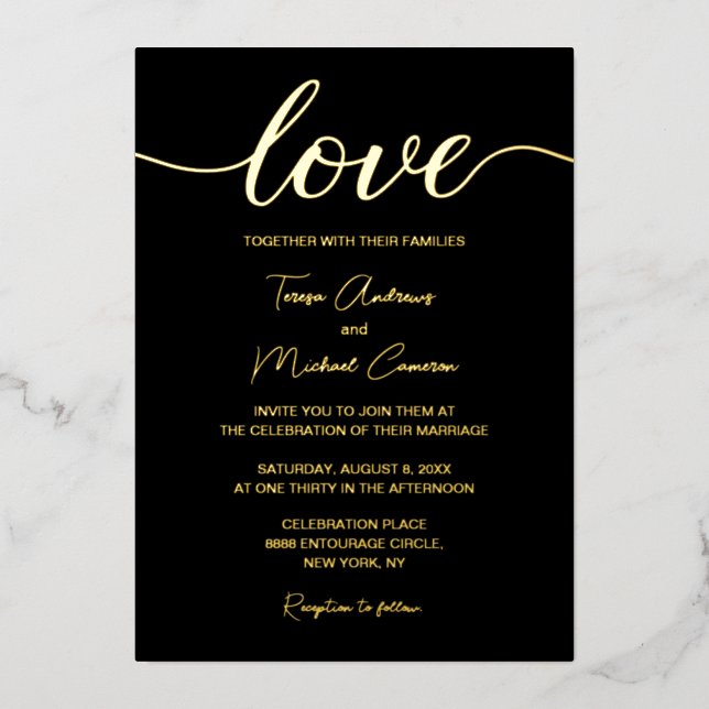 Invitation En Aluminium Écriture d'amour typographique moderne or noir élé (Recto)