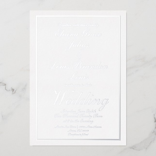 Invitation En Aluminium Écriture élégante bordure mariage argent pressé (Recto)