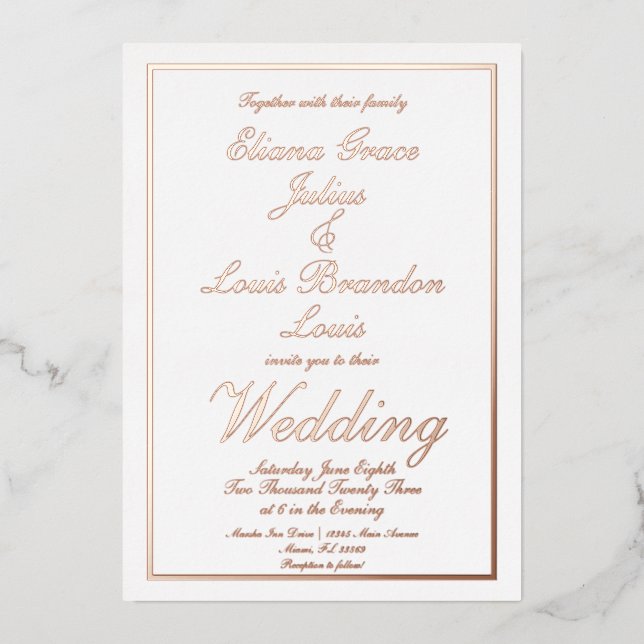 Invitation En Aluminium Écriture élégante bordure mariage pressée  (Recto)