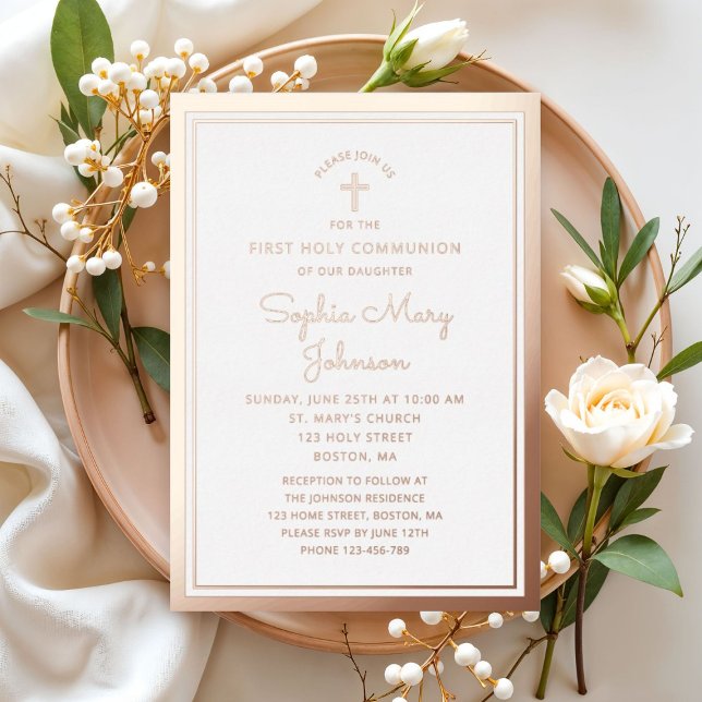 Invitation En Aluminium Écriture Élégante Première Communion Rose Or  (Elegant Script First Communion Rose Gold Foil Invitation)