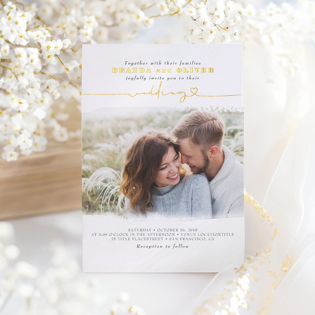 Invitation En Aluminium Écriture mignonne superposition de photo élégante  (Real Foil Wedding Photo Invitation)