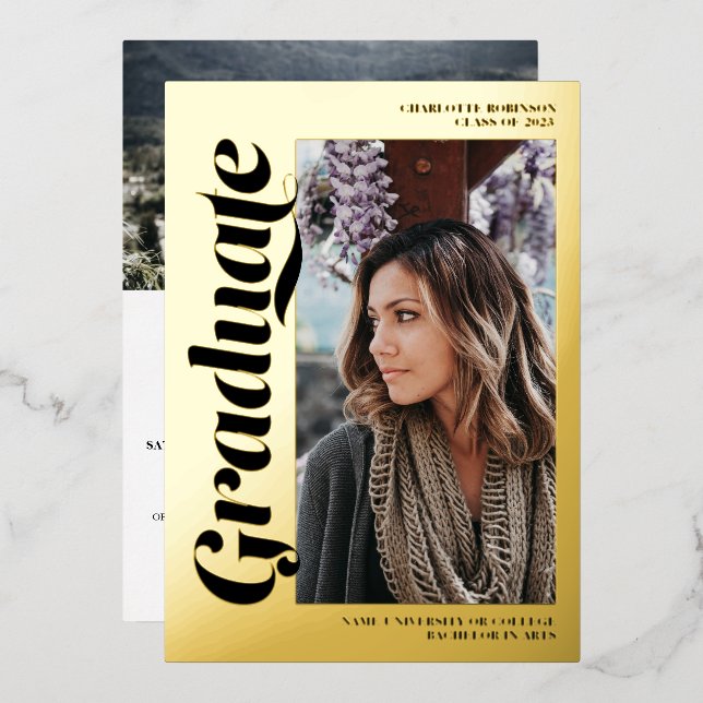 Invitation En Aluminium Écriture noire aurifère 3 photos graduation (Recto/Verso)