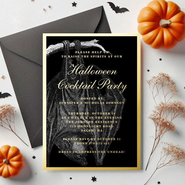 Invitation En Aluminium Éffrayant Bat Halloween Cocktail Party Gold (Spooky Bat Halloween Cocktail Party Gold Foil Invitation)