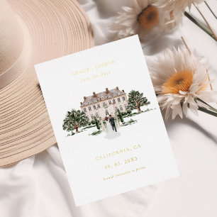 Invitation En Aluminium Église Élégante Aquarelle Lieu Manoir Mariage Enre