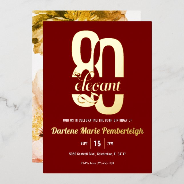 Invitation En Aluminium Eighty & Elegant Peony 80th Birthday Ruby Red Gold (Recto/Verso)