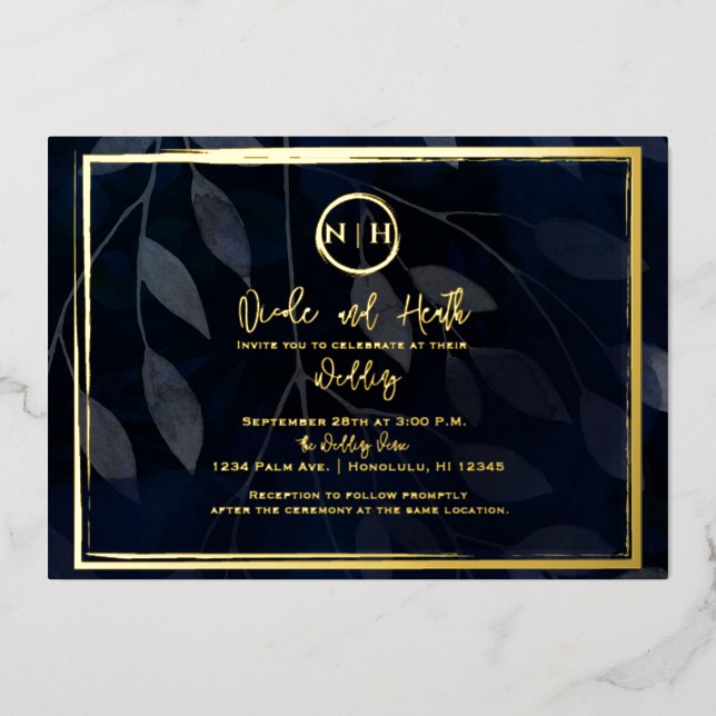 Invitation En Aluminium Élégance botanique sombre mariage bleu nuit et or (Recto)