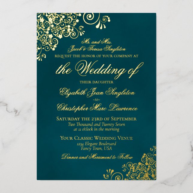 Invitation En Aluminium Élégance Classique Or sur Mariage Formel Sarcelle  (Recto)