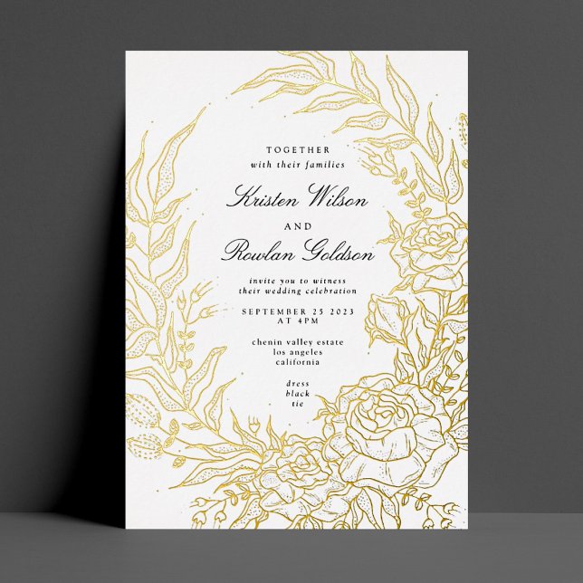 Invitation En Aluminium Élégance Florales noires OR Mariage de couronne (Créateur téléchargé)