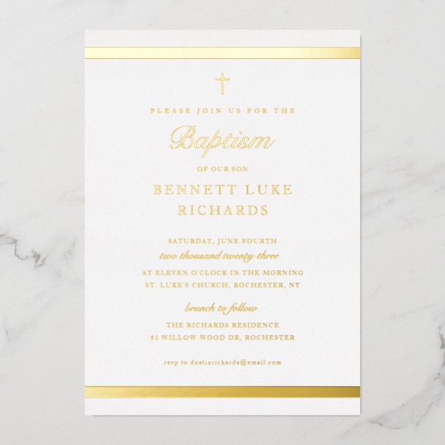 Invitation En Aluminium Élégance Moderne Baptême Garçon Or (Recto)