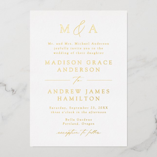 Invitation En Aluminium Élégance Moderne Mariage Monogramme Or (Recto)