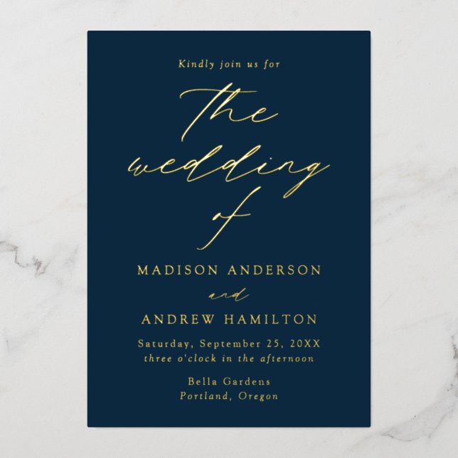 Invitation En Aluminium Elegance moderne Marine et Mariage d'or (Recto)
