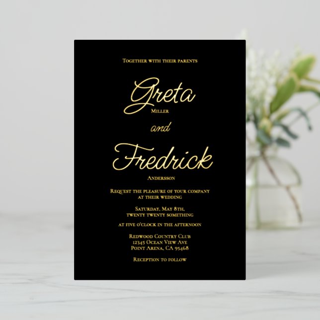 Invitation En Aluminium Élégance simple intemporelle or Script Mariage noi (Debout devant)