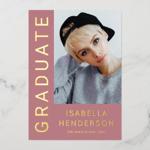 Invitation En Aluminium Élégant 2 Photo Graduation Dusty Pink Gold