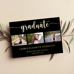 Invitation En Aluminium Elégant 3 Photo Graduation Black Gold