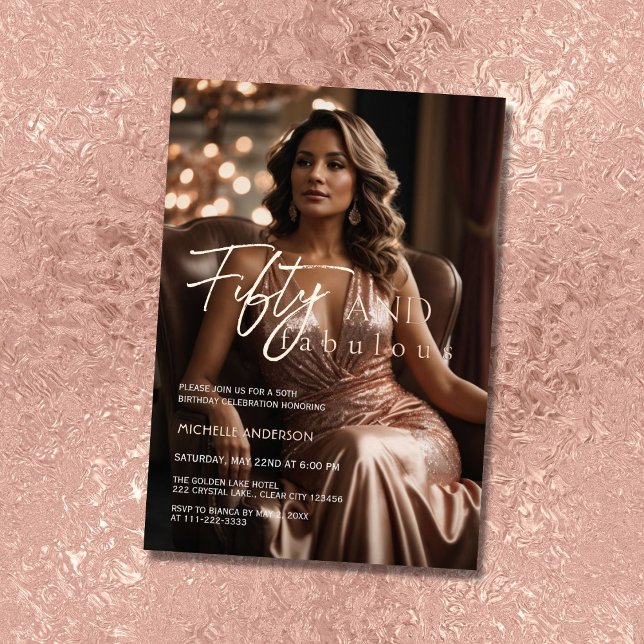 Invitation En Aluminium Élégant 50 & Photo Fabuleux Rose Gold (Créateur téléchargé)