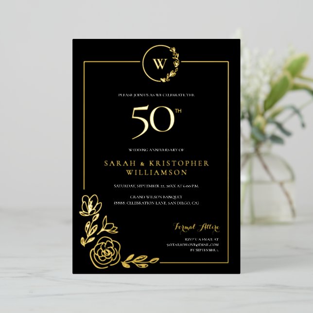 Invitation En Aluminium Élégant 50e anniversaire de Mariage Black Gold (Debout devant)