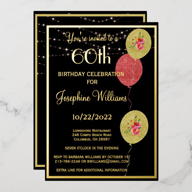Invitation En Aluminium Élégant 60 Soixante Anniversaire Noir VRAI Or (Recto/Verso)