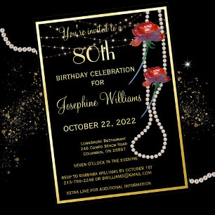 Invitation En Aluminium Élégant 80 Quatre-vingtième Anniversaire Noir OR R