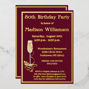 Invitation En Aluminium Élégant 80 Quatre-vingts Anniversaire Rouge OR Vér