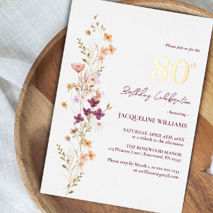 Invitation En Aluminium Elégant 80ème anniversaire de Fleur sauvage Floral