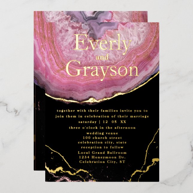 Invitation En Aluminium Élégant Agate Blush Pink & Gold Mariage (Recto/Verso)