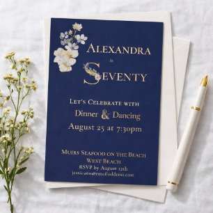 Invitation En Aluminium Élégant Anniversaire 70 Ans Fleur Aquarelle Navy