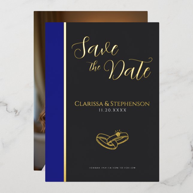 Invitation En Aluminium Elegant Anthracite Deep Blue  Photo Save The Date (Recto/Verso)