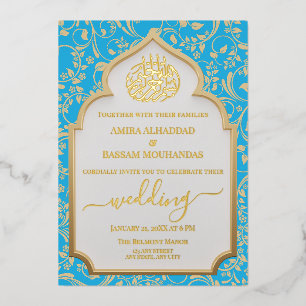 Invitation En Aluminium Elégant Aqua Blue & Gold Real Foil Mariage islamiq