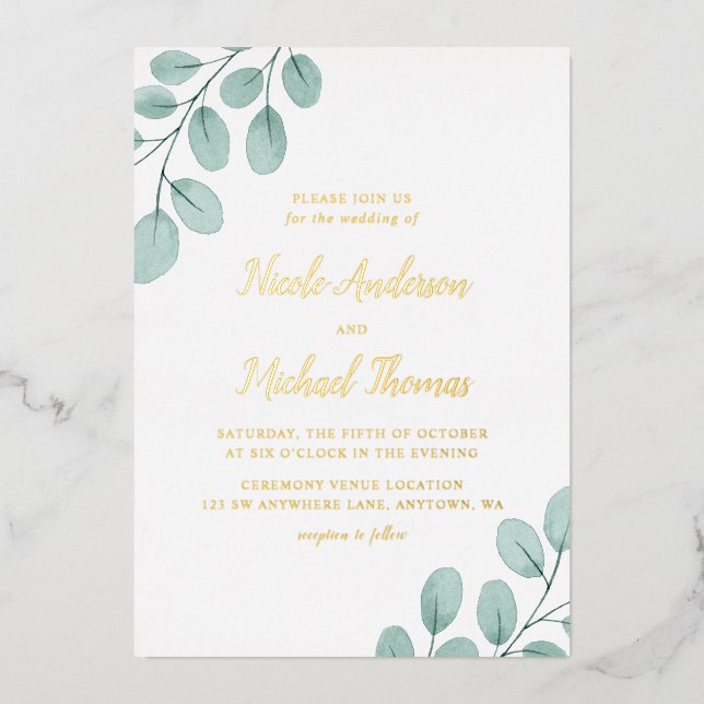 Invitation En Aluminium Elégant Aquarelle Eucalyptus Mariage Gold (Recto)
