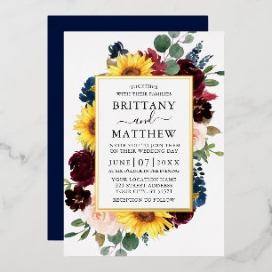Invitation En Aluminium Élégant aquarelle fleurs mixtes mariage bleu or