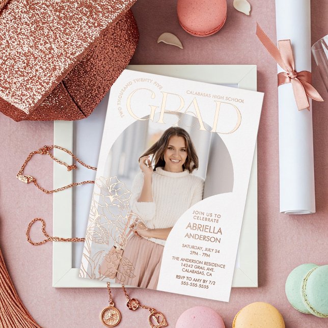 Invitation En Aluminium Elégant Arc de Grad Cadre photo Floral (Créateur téléchargé)