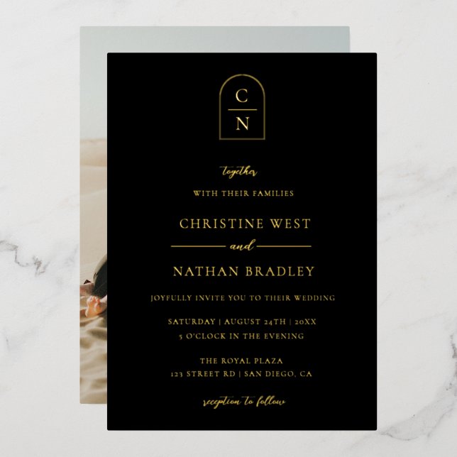 Invitation En Aluminium Élégant Arc Monogramme Photo Or (Recto/Verso)